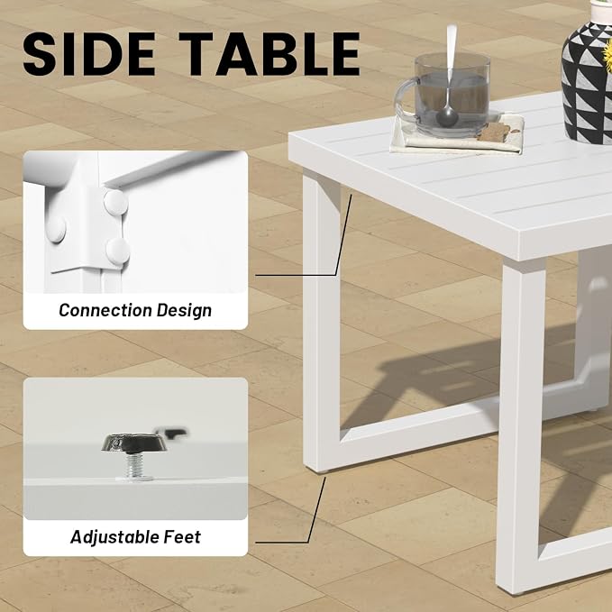Outdoor Aluminum Patio Furniture Set, 5-Seats Patio Conversation Sofa Set with 1 Corner Sofa and 2 Coffee Tables, All Weather for Pool, Balcony, Garden-White