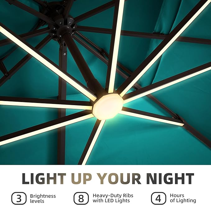 9 X 12 FT Cantilever Patio Umbrella with Led Lights and Base Included Outdoor Heavy Duty Double Top Rectangle Offset Umbrellas with 360-degree Rotation for Pool Deck Backyard, Turquoise