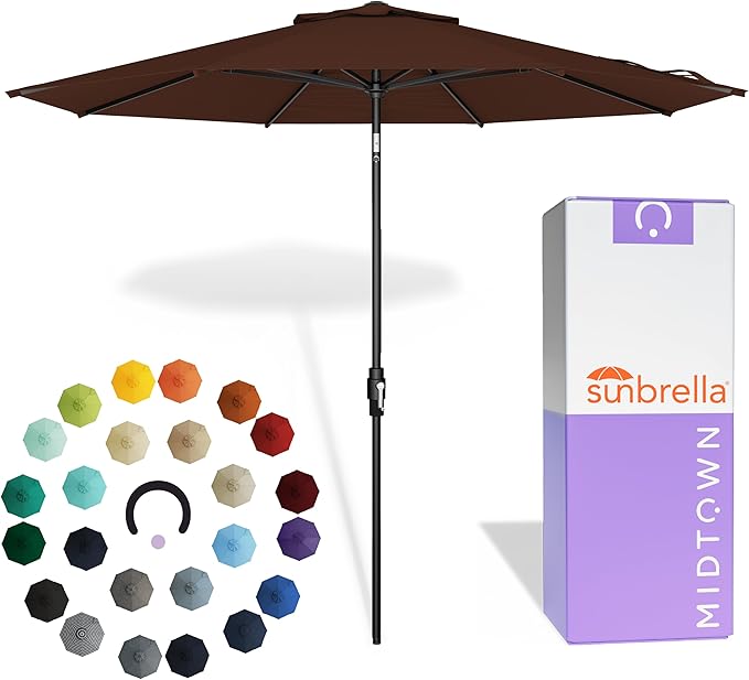 Midtown Umbrellas – The Swilt 10 Ft Patio Umbrella with 360° Swivel & Tilt Mechanism, Sunbrella Fabric & 8 Fiberglass Ribs – Outdoor Umbrella for Deck, Pool & Cafes – Bay Brown Canopy, Black Pole