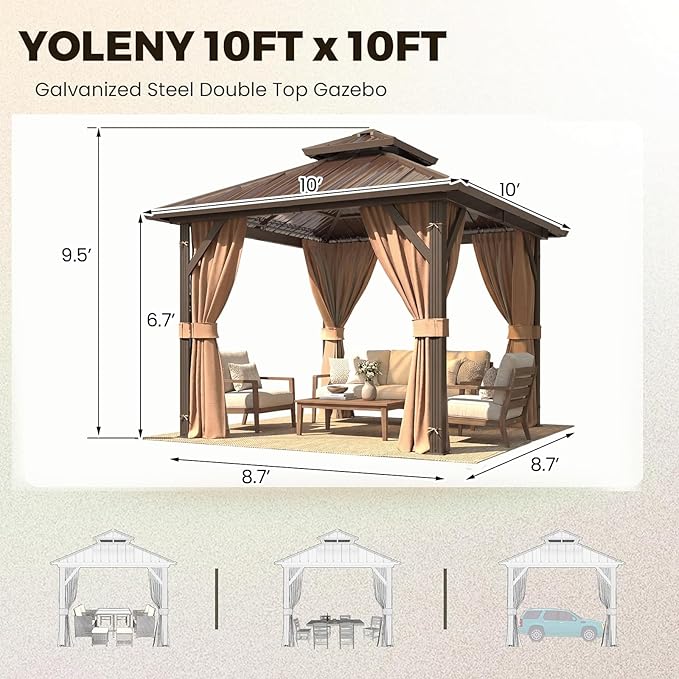 YOLENY 10' x 10' Gazebo Hardtop with Aluminum Frame,Galvanized Steel Double Roof Gazebos with Curtain and Netting,Outdoor Metal Pergolas for Garden, Lawn, Deck, Brown