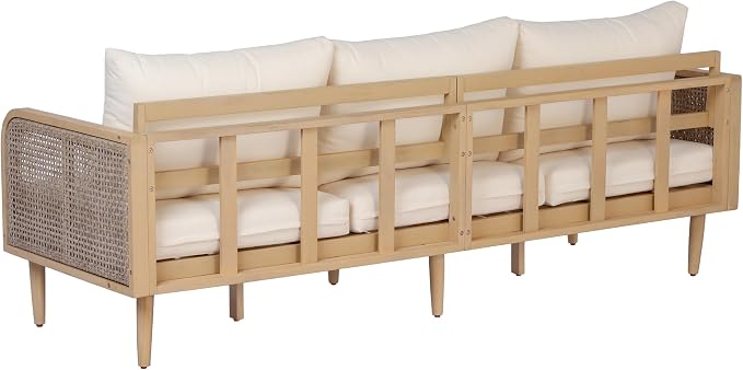 Christopher Knight Home Edward 4 Piece Patio Furniture Set with 3-Seater Sofa, Club Chairs And Coffee Table, 5 Seater Outdoor Acacia Wood Conversation Set, Patio Sofa Set, Light Teak+Light Brown+Cream