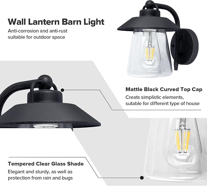 LUTEC Outdoor Indoor Wall Lantern, Farmhouse Barn Wall Sconce Lighting Fixture,Matte Black Finish Anti-Rust Wall Mount Light, Waterproof Wall lamp with Clear Glass for Porch, Exterior, Patio