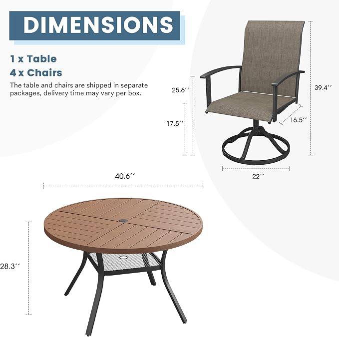 DIFY 5 Pieces Outdoor Dining Set, Metal Patio Table and Chairs Set for 4 with Umbrella Hole, 40.6" Walnut Round Table and Brown Textilene Swivel Patio Chairs for Garden, Backyard, Poolside