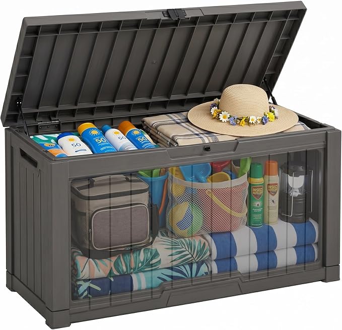 Outdoor Storage Box, Waterproof Deck Box with Buckle Lock, Patio Storage Box for Cushions and Outdoor Toy Storage, 30/60/80/100/120 Gallon PP Bench or Side Table for Patio Garden Backyard(60 Gallon)