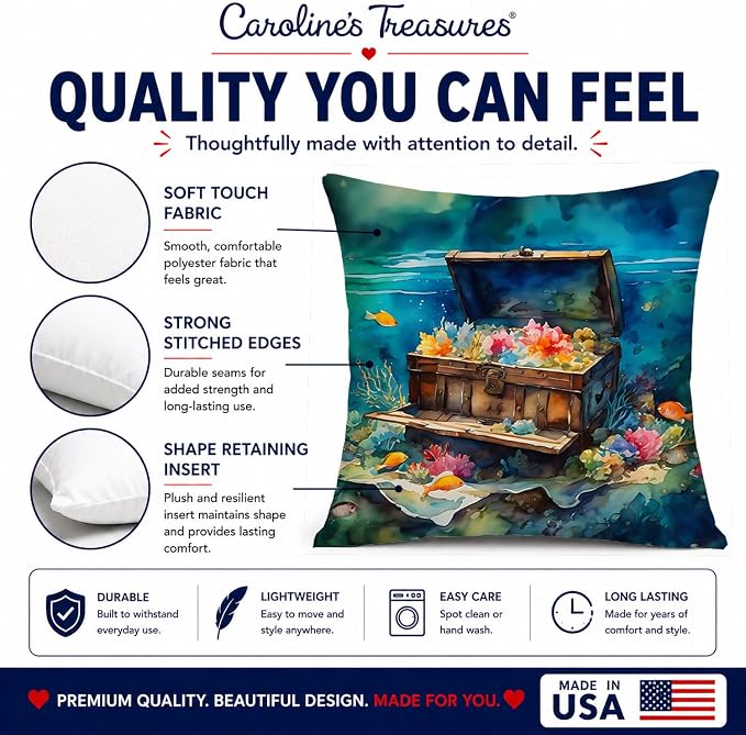 Caroline's Treasures Treasure Chest Throw Pillow Machine Washable, Indoor Outdoor Decorative Pillow for Couch, Bed or Patio, 14Hx14W