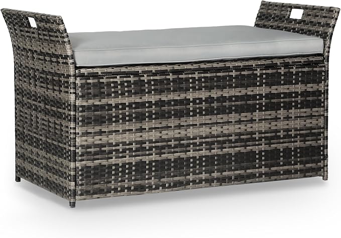 Crownland 80 Gallon Outdoor Storage Bench with Cushion, Outdoor Wicker Storage Box, Patio Deck Box with Seat, for Garden, Balcony, Poolside (Grey)