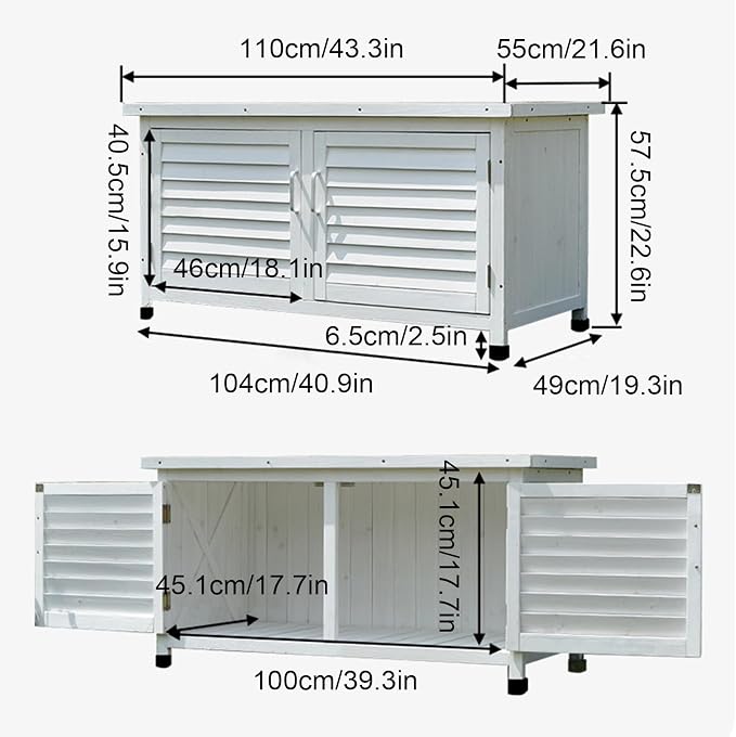 Double Door Outdoor Deck Boxes, Solid Wood+Metal Patio Storage Box, Garden Box with Plastic Foot for Balcony, Patio