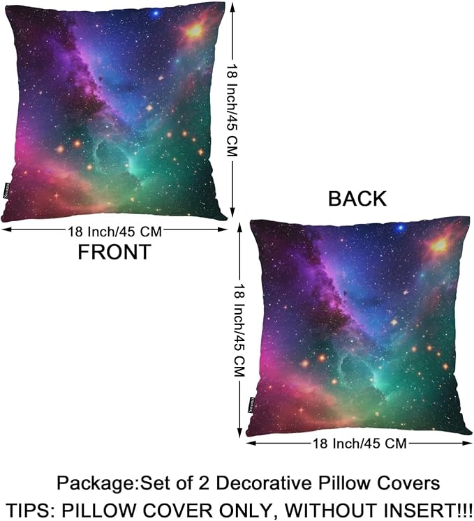 Swono Galaxy Space Throw Pillow Covers, Cosmic Universe Outer Space Nebula Star Galaxy Set of 2 Cushion Case Pillow Cover for Bed Sofa Couch Square Throw Pillowcases for Men Women 18x18 Inch