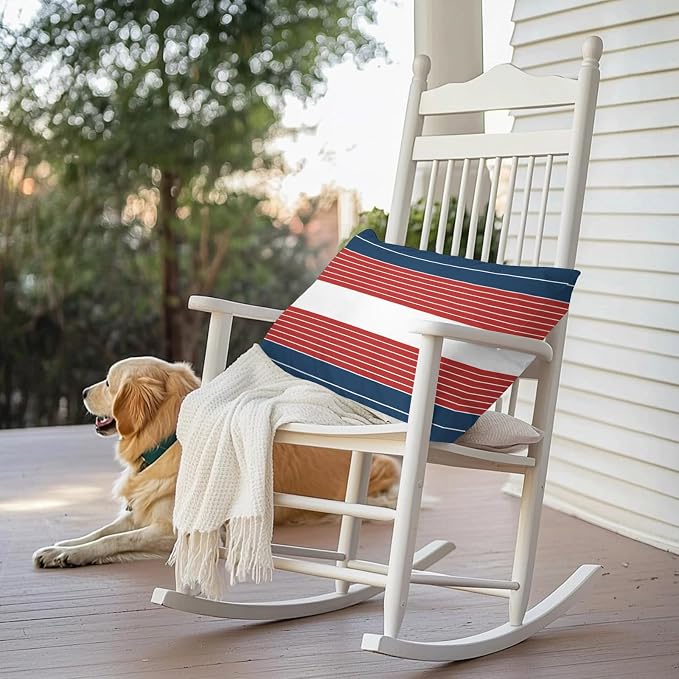 Navy Blue Red Stripe Outdoor Pillow Covers Waterproof, All Weather Cushion Case Set of 2, Modern Art Horizontal Striped Lumbar Pillowcase for Sofa Couch Bed Decor Patio Furniture 20"x12"