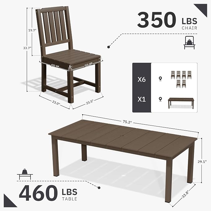 AreShark 7-Piece Outdoor Dining Set,HDPE Patio Table with 6 Armless Chairs,All-Weather Patio Furniture Set with Umbrella Hole,Low Maintenance Wood Grain Dining Set for Backyard,Garden,Poolside,Black