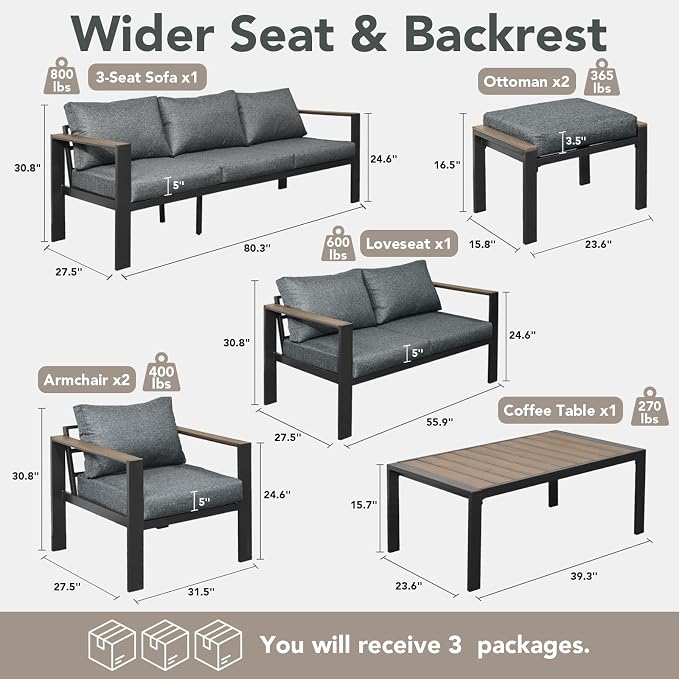 Patio Furniture Set 9 Seats and Coffee Table, 7 Pieces Patio Conversation Set with Thick Cushion, Ottomans, Deluxe Aluminum Modern Outside Sectional for Porch, Balcony, Deck, Yard, Light Gray