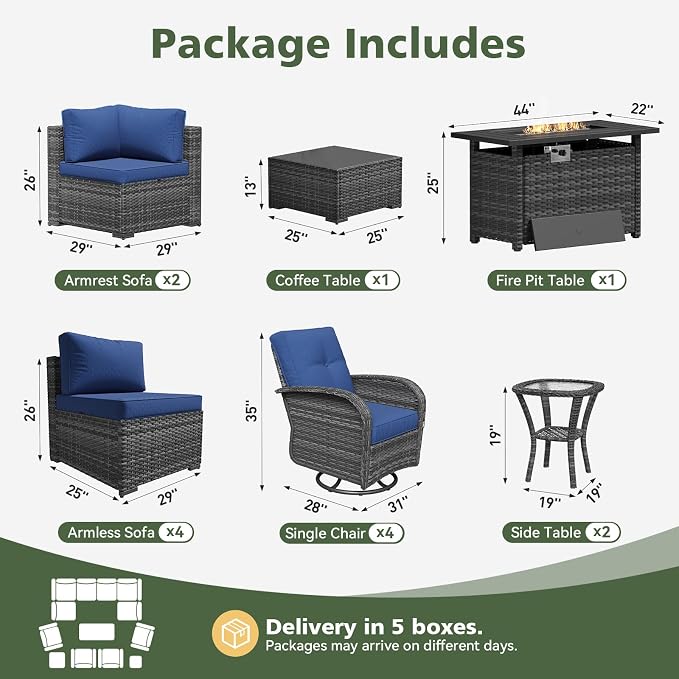 Aoxun 14 Piece Outdoor Patio Furniture Set with 44'' Fire Pit Table, Wicker Rattan Outdoor Furniture with High Back Swivel Rocker Chairs, Outdoor Sofa Set with Thick Cushion & Side Table, Navy Blue