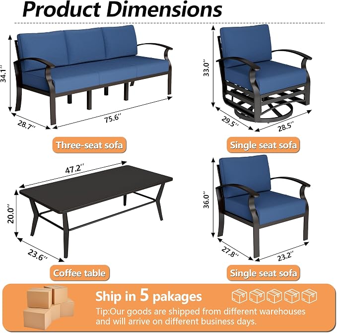 Aluminum Patio Furniture Set with Coffee Table,7 Seats Metal Modern Outdoor Furniture w/5.1" Thick Cushions, Sectional w/Swivel Chairs for Backyard,Navy