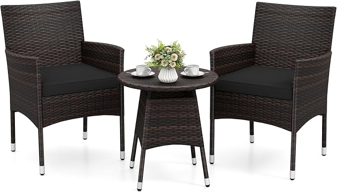 Tangkula 3 Piece Patio Furniture Set, Hand-Woven PE Wicker Conversation Set with Contoured Armchairs, Cushions & Round Coffee Table, Outside Bistro Set for Porch, Backyard, Balcony & Poolside (Black)