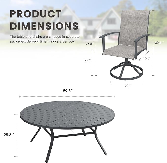 9 Pieces Round Outdoor Table and Chairs Set, Patio Dining Set with 60" Round Spliced Outdoor Table and Patio Swivel Chairs for Backyard Lawn Garden, Dark Grey Table and Grey Chairs