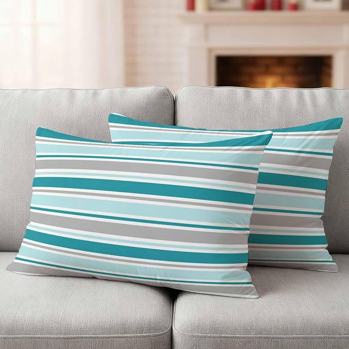 Grey Blue Striped Outdoor Pillow Cover 12x20 Inch Cushion Sham Case, Farmhouse Stripes Modern Abstract Art Waterproof Decorative Square Throw Pillowcase for Outside Garden Patio Porch Couch Chair Tent