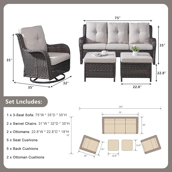 Rilyson 5 Piece Outdoor Patio Furniture Set - Rattan Wicker Patio Conversation Sets with 2 Swivel Rocker Chairs,2 Ottomans and 1 Sofa for Outside Porch Deck Backyard(Brown/Beige)