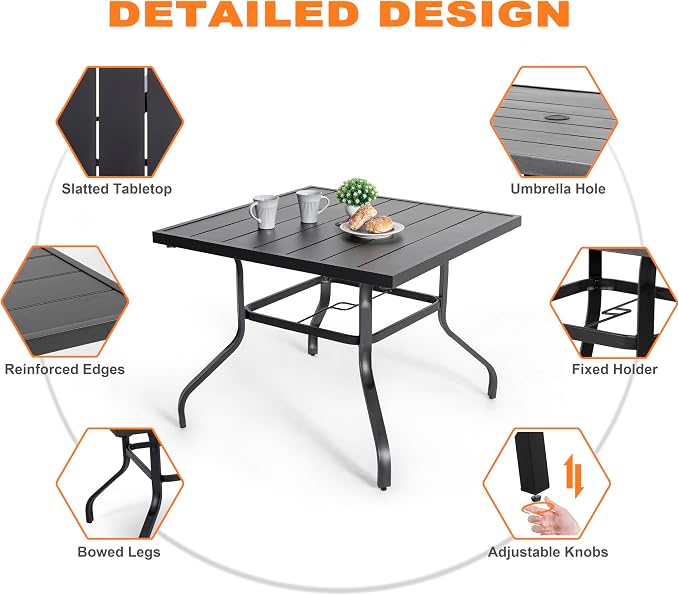 NUU GARDEN 5-Piece Outdoor Patio Furniture Dining Set, 37" Square Metal Table with 1.6" Umbrella Hole and 4 Textilene Padded Chairs, All-Weather Dining Set for Backyard, Deck, Garden, Blue
