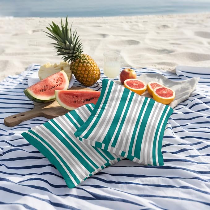 Teal Grey Stripe Outdoor Pillow Covers 20x20 Inch Throw Pillow Covers Set of 2 Waterproof Decorative Pillow Cases Farmhouse Minimalist Striped Cushion Covers for Patio Furniture Garden Couch Sofa