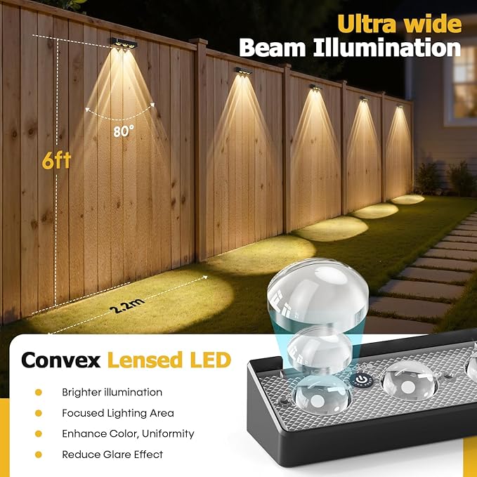 NIORSUN Solar Fence Lights,8 Pack Solars Deck Light,RGB Color,Outdoor Bulb Waterproof Led IP65,Power Patio Lamp with Lenses for Outside/Backyard/Railing/Yard(Black)