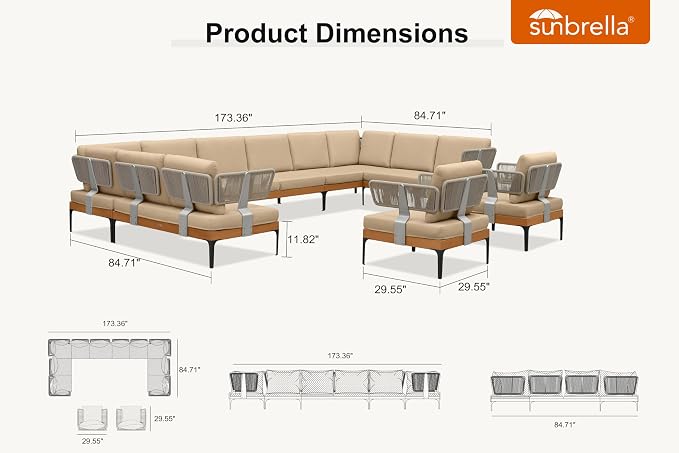 PURPLE LEAF Patio Furniture Set Outdoor Conversation Sets with Fade-Resistant Cushions and Coffee Table 12 Pieces Aluminum Modern Wicker Sofa Chairs for Balcony Yard Garden, Khaki