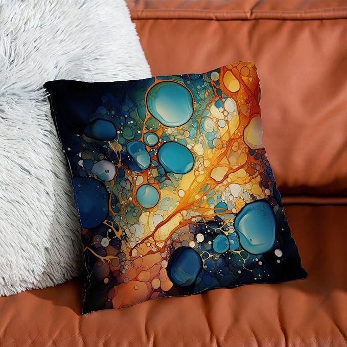 Ink Rainbow Shapes with Gold Pillowcase Abstract Alcohol Ink Textures Throw Pillow Cover Retro Outdoor Waterproof Decorative Pillow Cover for Patio Furniture Tent Garden 16x16 in