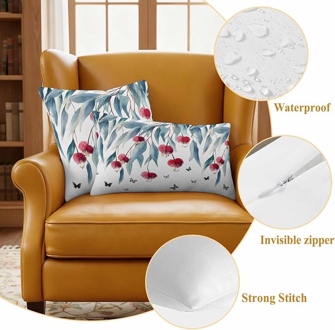Botanical Leaves Waterproof Outdoor Pillow Covers Set of 2 Home Decor, Spring Floral Butterfly Pastoral Pillowcase Patio Pillow Covers for Couch Bench Furniture Garden 20x20in
