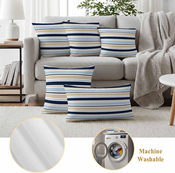 Navy Blue Khaki Striped Outdoor Pillow Cover 12x20 Inch Cushion Sham Case, Farmhouse Stripes Modern Abstract Art Waterproof Decorative Square Throw Pillowcase for Outside Garden Patio Porch Couch