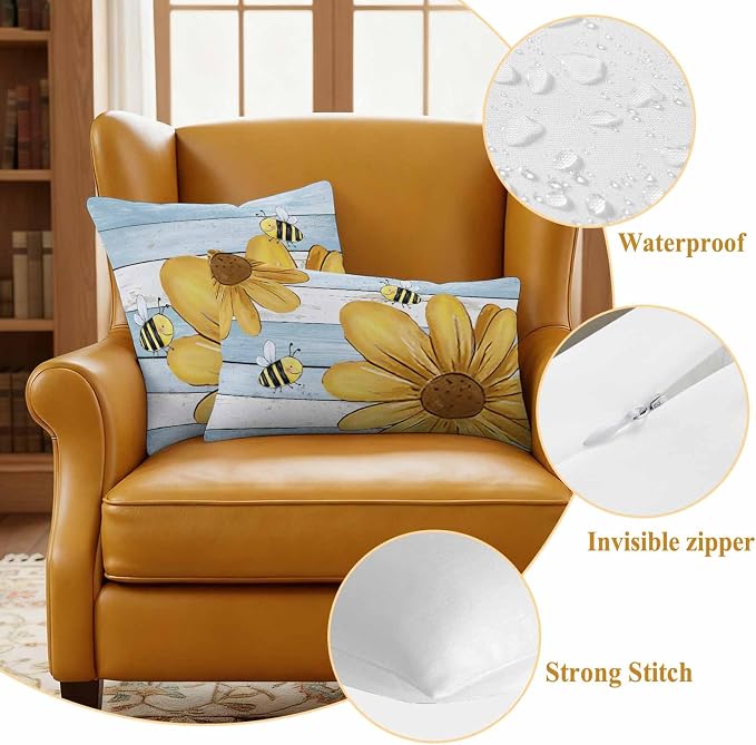 Daisy Flower Honeybees Outdoor Pillow Covers Set of 2 Yellow Farmhouse Floral Blue Wood Grain Waterproof Throw Pillow Cover Decorative Cushion Cases for Patio Porch Garden 24X24 Inch