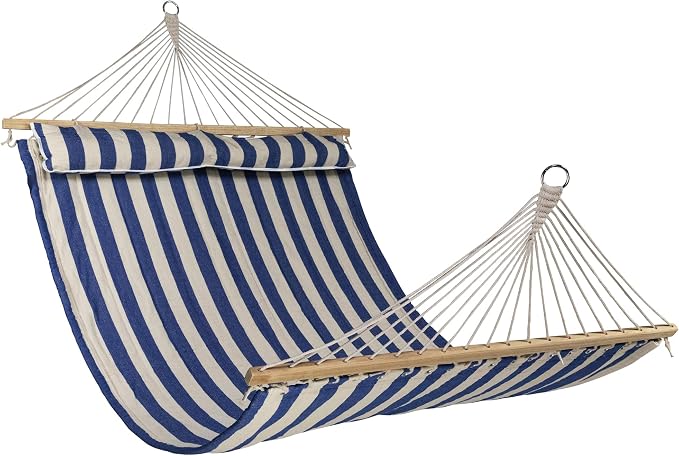 Striped Quilted Two Person Double Hammock with Pillow - 9' x 55" - Blue and Cream