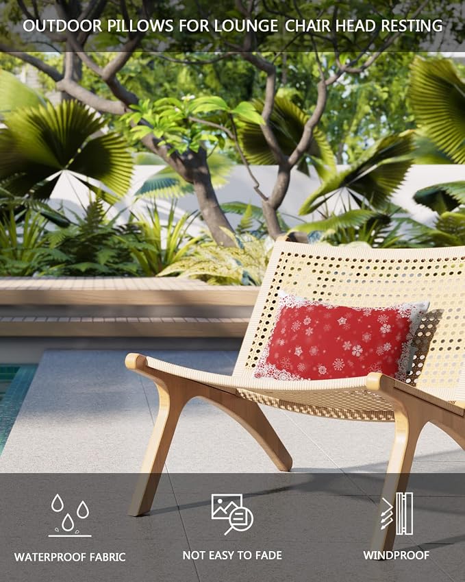 Outdoor Pillows Covers with Inserts Christmas Dreamlike Winter Snowflake Red Waterproof Pillow with Adjustable Strap Throw Pillows for Patio Furniture Recliner Lounge Chair, 11x16 inch, 2PCS
