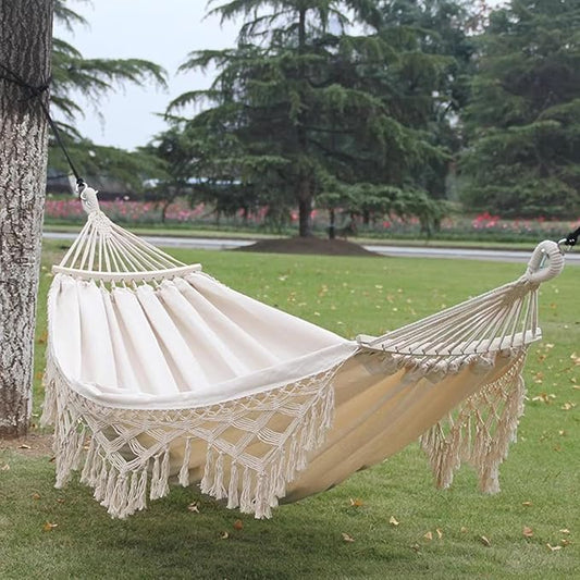 Double Hammock with Tassels, Cotton Canvas Portable Hanging Swing for Indoor Outdoor Use, 150kg Load Capacity, Ideal for Camping and Garden Relaxation