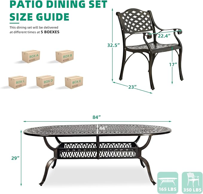 VIVIJASON 9-Piece Outdoor Dining Set, All-Weather Cast Aluminum Retro Patio Dining Set, Include 8 Chairs and an Oval Table with Umbrella Hole for Balcony Lawn Garden Backyard