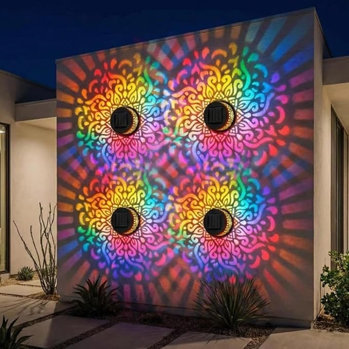 Lscsdf Seven-Color Changing Solar Mandala Projection Wall Light Decorative Solar Mandala Lights Outdoor Waterproof Metal Fence Lights for Yard Garden Post Patio Backyard Decor (1pc)