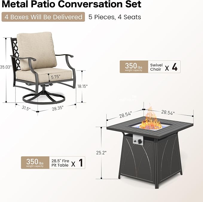 SUNSHINE VALLEY Patio Furniture Set with Firepit Table, 5 Piece Metal Outdoor Patio Furniture set for 4, 4 Swivel Chairs with 5.75" Extra Thick Cushion and Gas Firepit Table for Backyard Poolside Deck
