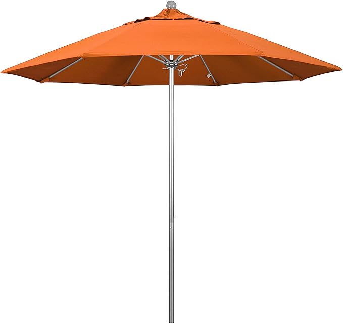 California Umbrella 9' Rd. Venture Series Contract Grade Patio Umbrella, Push Open Pin Stop, Silver Finish, Sunbrella Tangerine