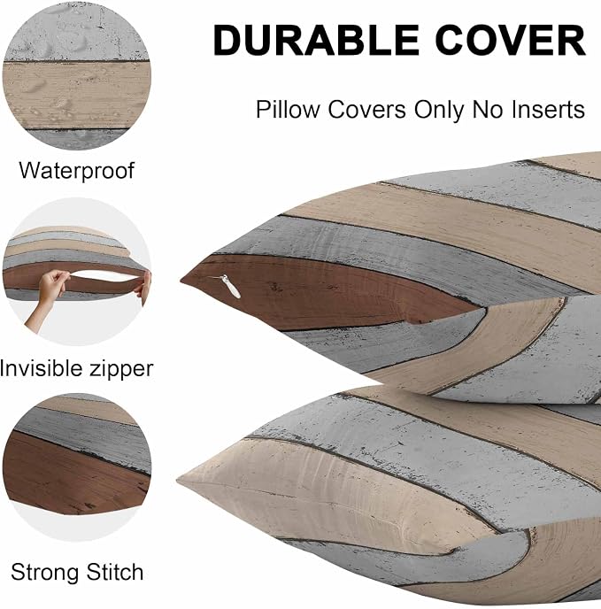 Outdoor Throw Pillow Covers 18X18 Set of 2 Waterproof Ombre Ground Color Brown Grey Decorative Zippered Cushion Covers for Patio Furniture,Lumbar Pillowcases Farmhouse Retro Rustic Barn Wood Texture