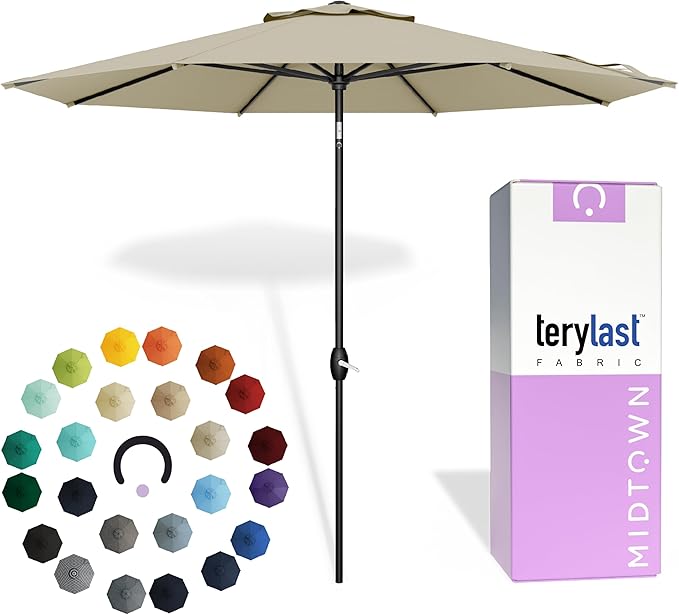 Midtown Umbrellas - 10-Year-No-Fade 9 Ft Patio Umbrella with Terylast Fabric, Auto-Tilt Aluminum Frame and 8 Reinforced Ribs for Deck, Pool, Garden & Beach - Chestnut Beige Canopy, Black Pole