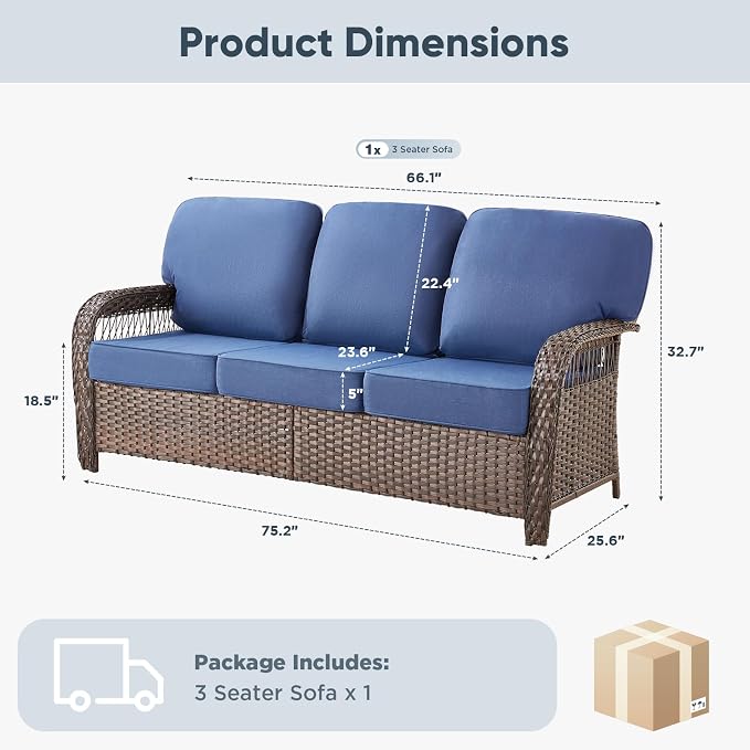 Belord Luxury Outdoor High Back Couch, All-Weather Wicker 3-Seater Sofa, Wicker Patio Furniture for Deck Porch Garden,Blue