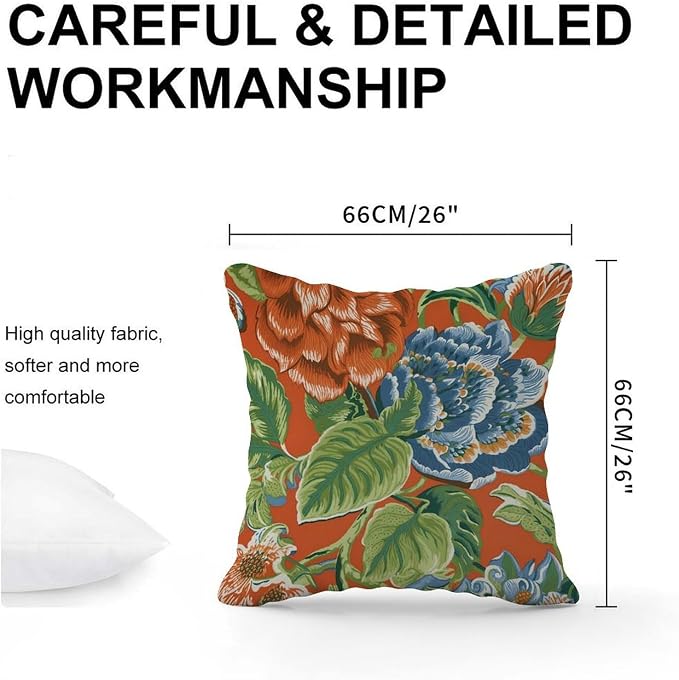 Blue Floral Chinoiserie on Orange Throw Pillow Covers Peony Chic Asian Throw Pillow Cover Abstract Throw Pillow Covers Farmhouse Decorative for Patio Garden Couch Tent 26x26 in