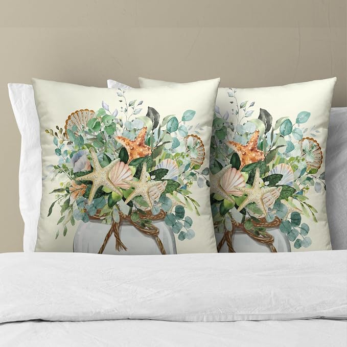 Summer Eucalyptus Coastal Pillow Covers 22x22 Set of 2 - Beach Starfish Flowers Jar Seasonal Decorative Cushion Cover Cotton Linen Pillowcase for Living Room Bedding Sofa Couch