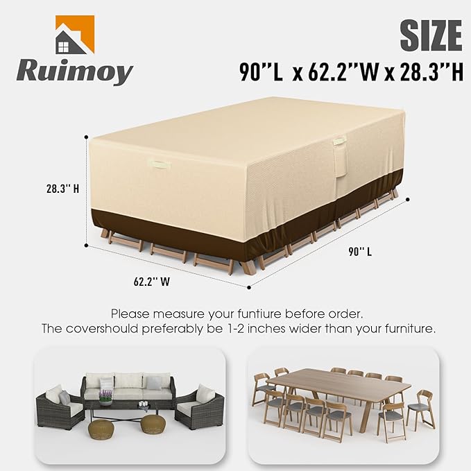 Ruimoy Patio Furniture Covers, Outdoor Furniture Cover Waterproof, General Purpose, Outside Table and Chair Covers, Heavy Duty 600D (90 Inch L x 62.2 Inch W x 28.3 Inch H)-Brown