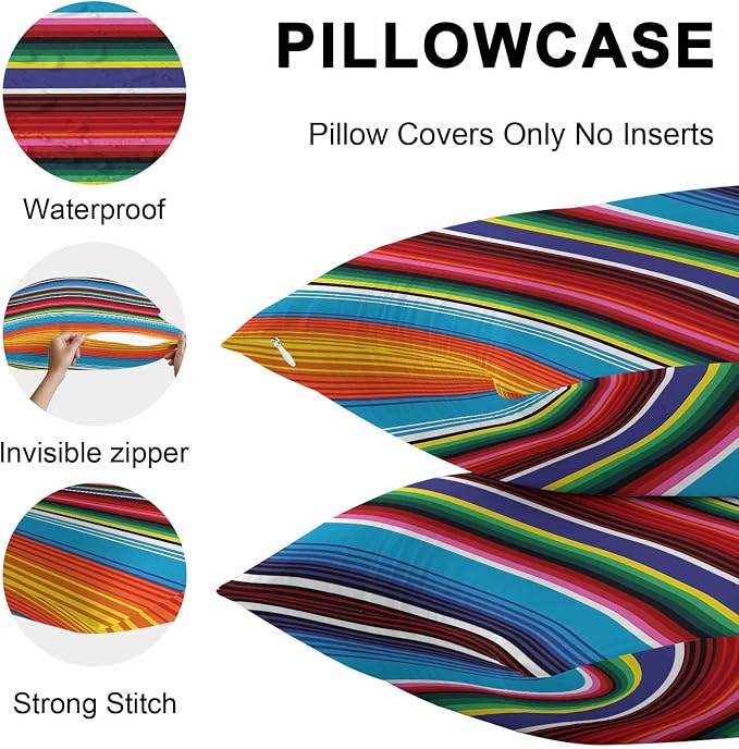 Colorful Striped Outdoor Pillow Covers 18x18 Inch Throw Pillow Covers Set of 2 Waterproof Decorative Pillow Cases Boho Rainbow Stripes Abstract Lines Cushion Covers for Patio Furniture Garden Couch