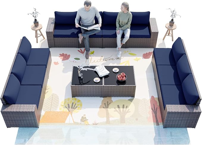 ALAULM 12 Pieces Outdoor Patio Furniture Set Sectional Sofa Sets Brown PE Rattan Patio Conversation Set w/10 Dark Blue Seat Cushions and 2 Coffee Tables