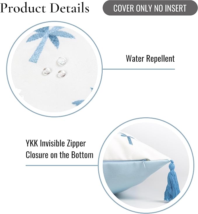 Hofdeco Premium Coastal Hampton Style Patio Indoor Outdoor Pillow Cover Only, 20"x20" Water Resistant for Backyard, Couch, Baby Blue Embroidered Palm Tree Tassel (Pack of 2)
