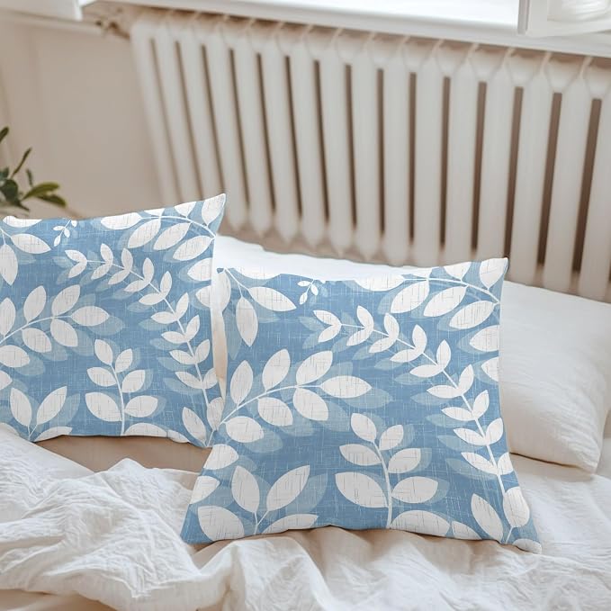 Sky Blue Leaves Outdoor Waterproof Throw Pillow Covers 18x18 Set of 2, Farmhouse Botanical Branch Vintage Boho Leaf Decorative Pillowcases Cushion Pillowcase for Couch Sofa Patio Pillow Protector