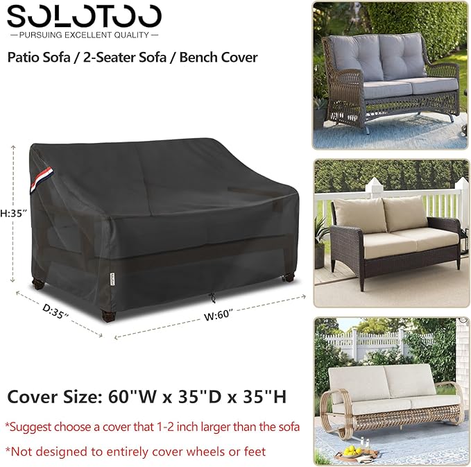 Outdoor Couch Cover Waterproof Heavy Duty Patio Furniture Covers, 60W x 35D x 35H Inches 2 Seater Outdoor Sofa Cover (Black)