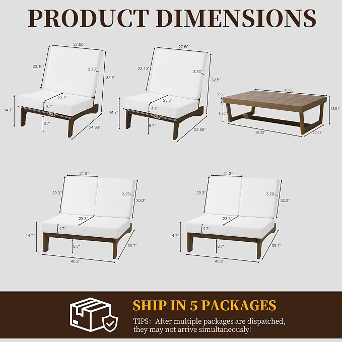5 Pieces All Weather Wood Patio Furniture Sets, 2 Patio Loveseat, 2 Patio Bistro Chair, Outdoor Sectional Sofa Furniture Backyard Conversation Set with Coffee Table - Beige