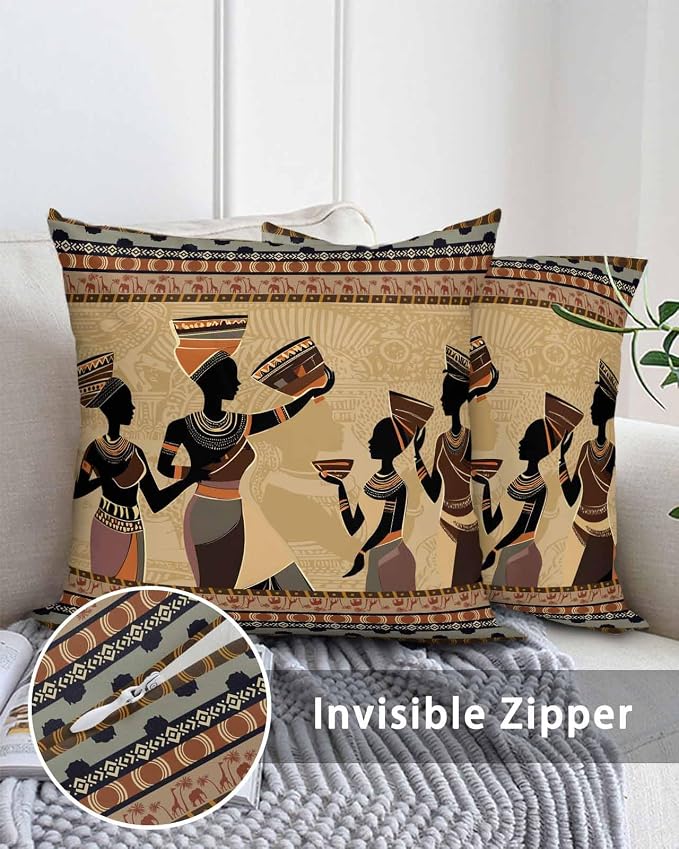 Outdoor Waterproof Throw Pillows 18x18in, African Black Woman Ethnic Stripes Patio Pillows Pack of 2,Decorative Pillow Covers with Insert,Pillow Cushion Case for Garden Couch Sofa Traditional Style