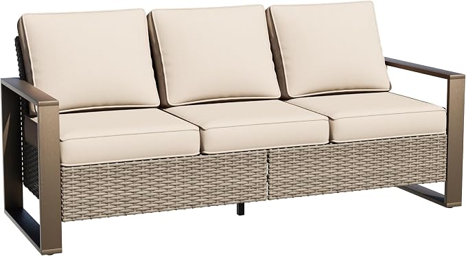 75" Patio Metal Wicker Sofa, All Weather Outdoor Rattan 3-Seat Sofa Couch with Premium Cushions & Rectangular Framed Wood-Looking Metal Armrest for Garden Backyard Porch Deck, Beige